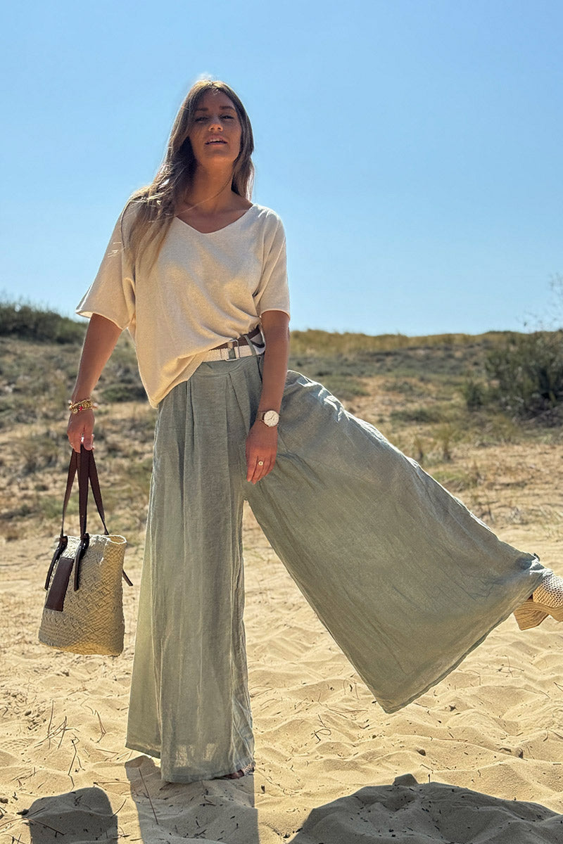 Pantalon kaki délavé en coton très large et évasé avec ceinture