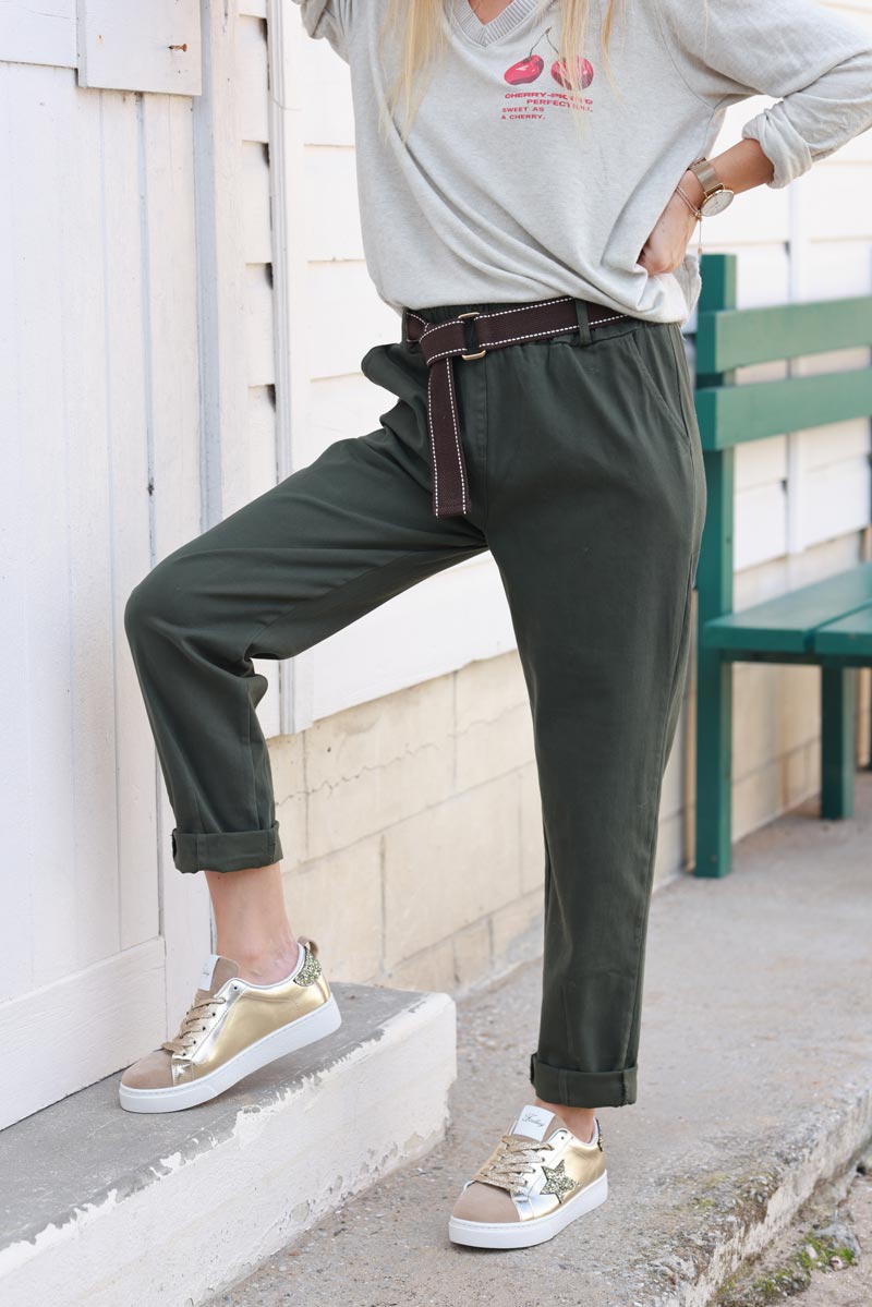 Khaki Straight cut Pants with Belt