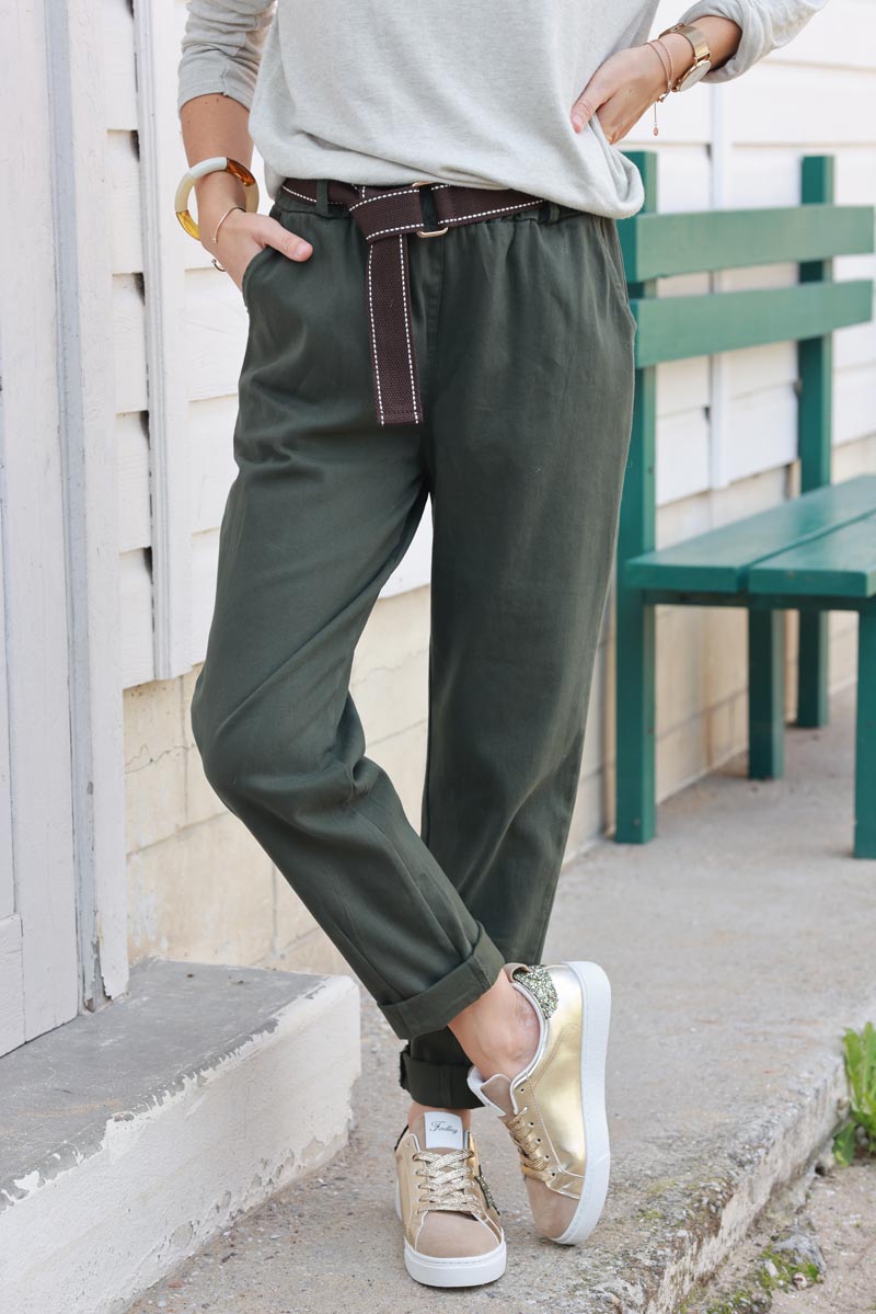 Khaki Straight cut Pants with Belt