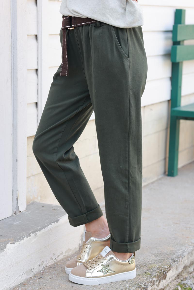 Khaki Straight cut Pants with Belt