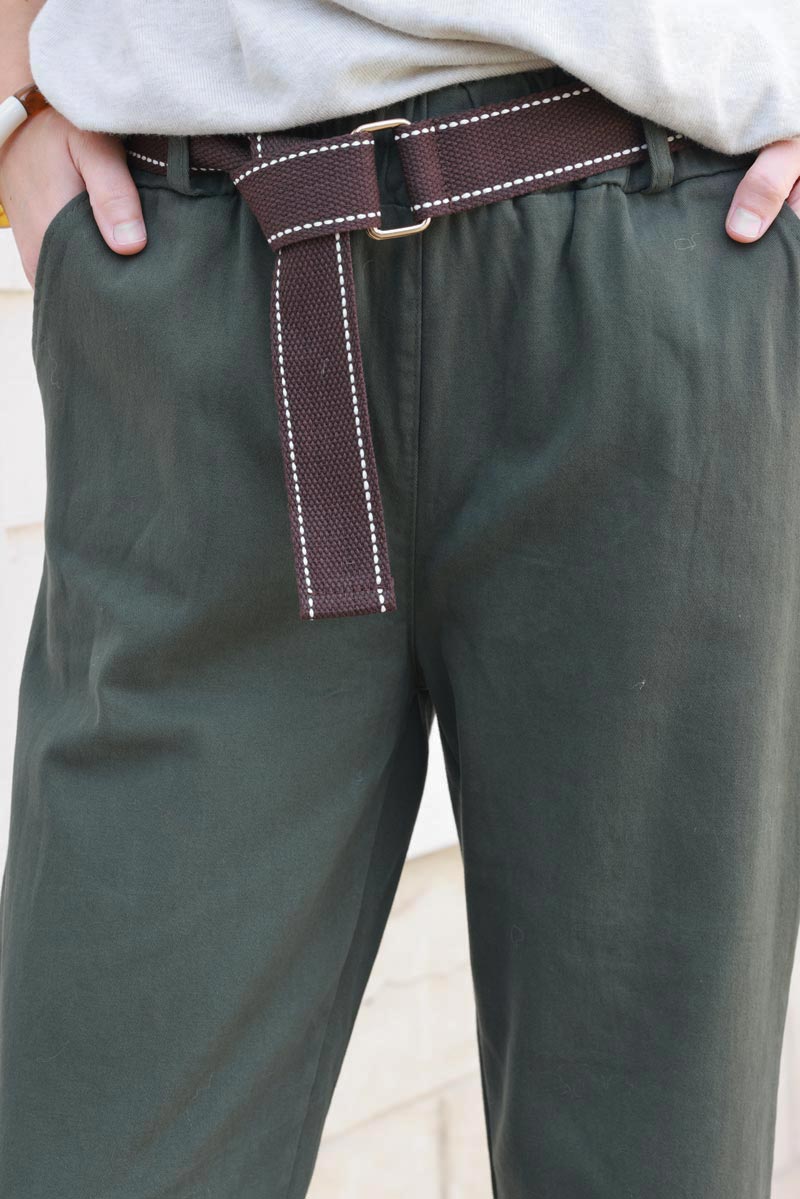 Khaki Straight cut Pants with Belt