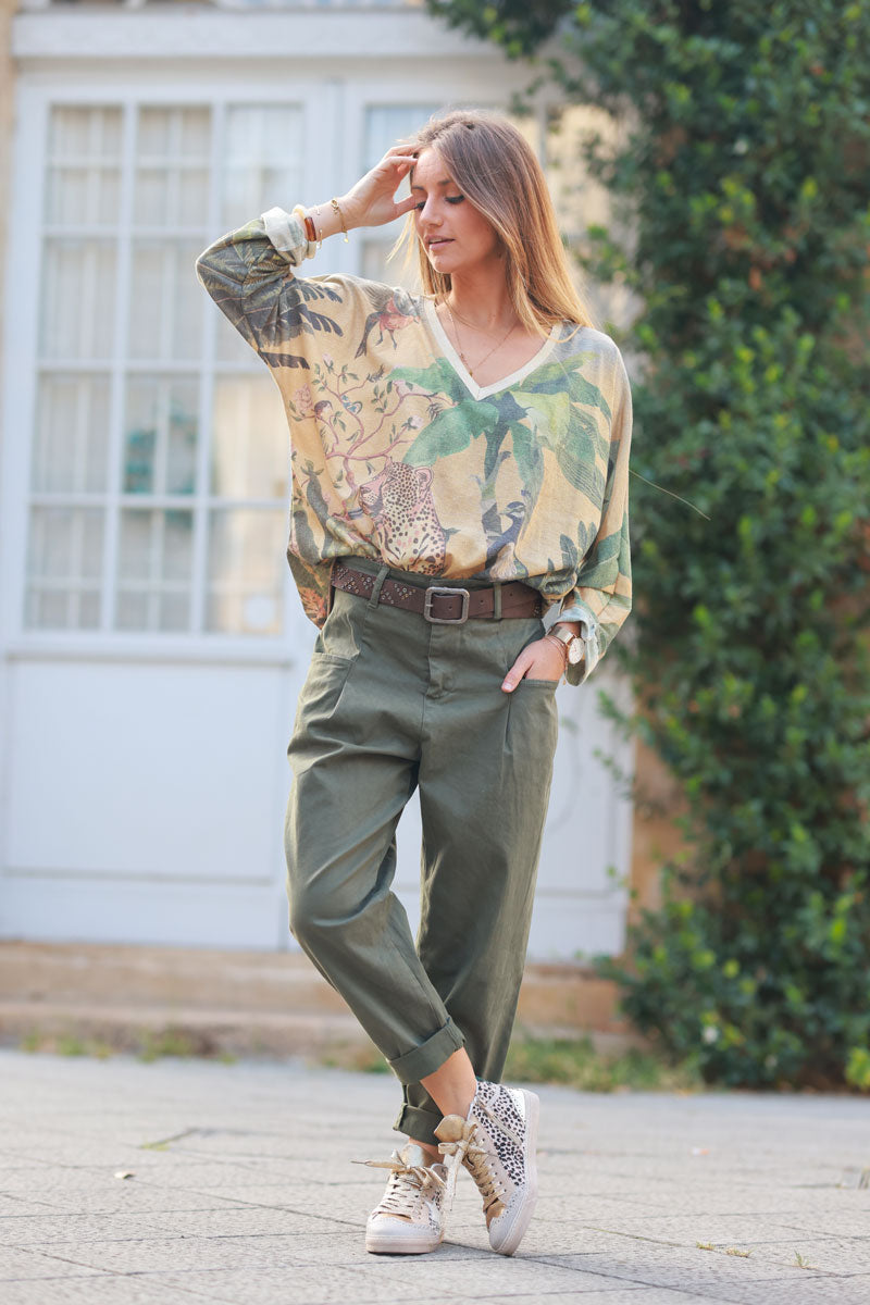 Khaki tailored style trousers with a peg leg cut + including belt