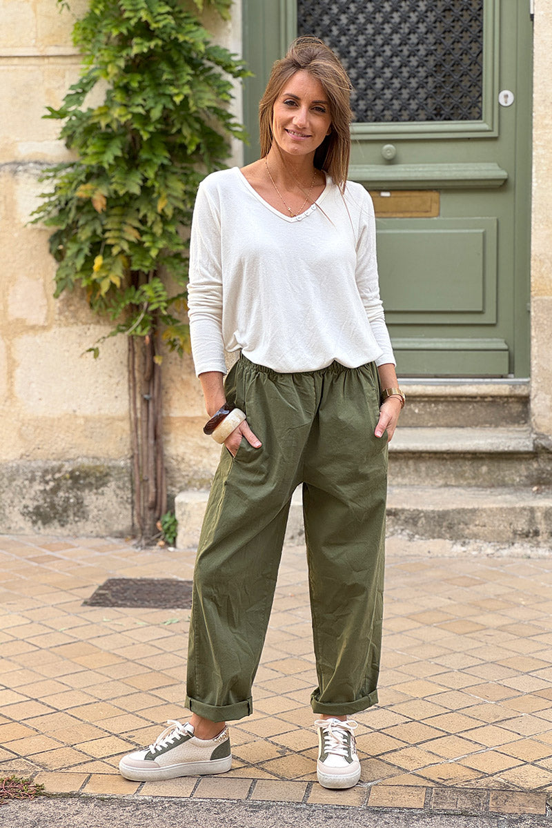 Olive Cotton Pull-On Utility Pants