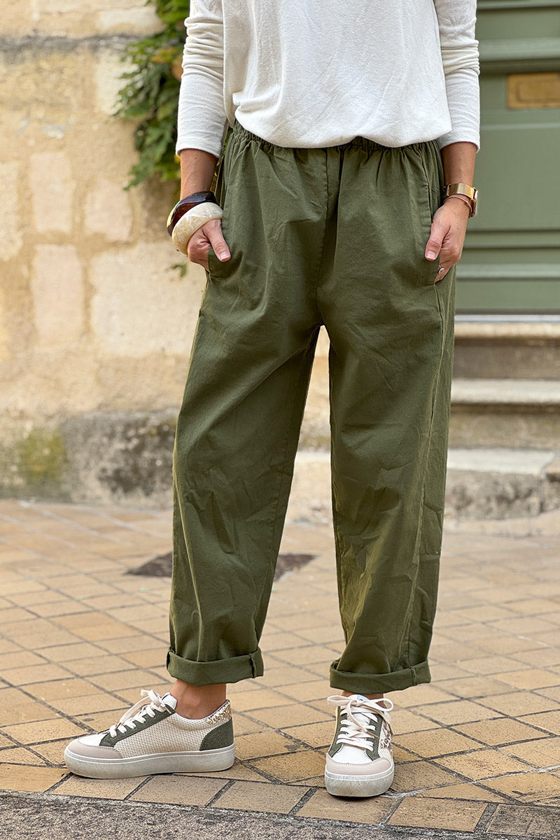 Olive Cotton Pull-On Utility Pants