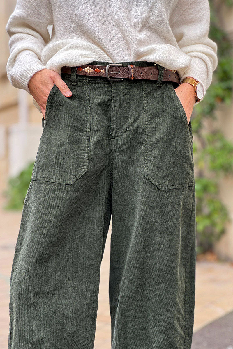 Olive Corduroy Carpenter Pants with Belt