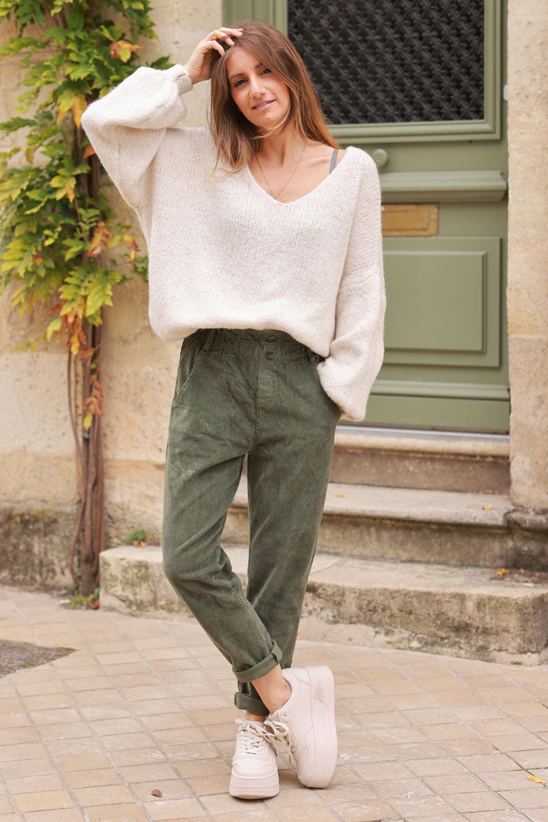 Khaki Corduroy Paperbag Waist Pants