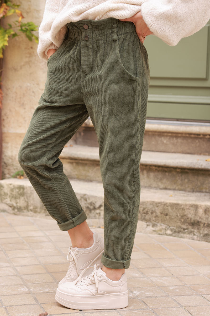 Khaki Corduroy Paperbag Waist Pants