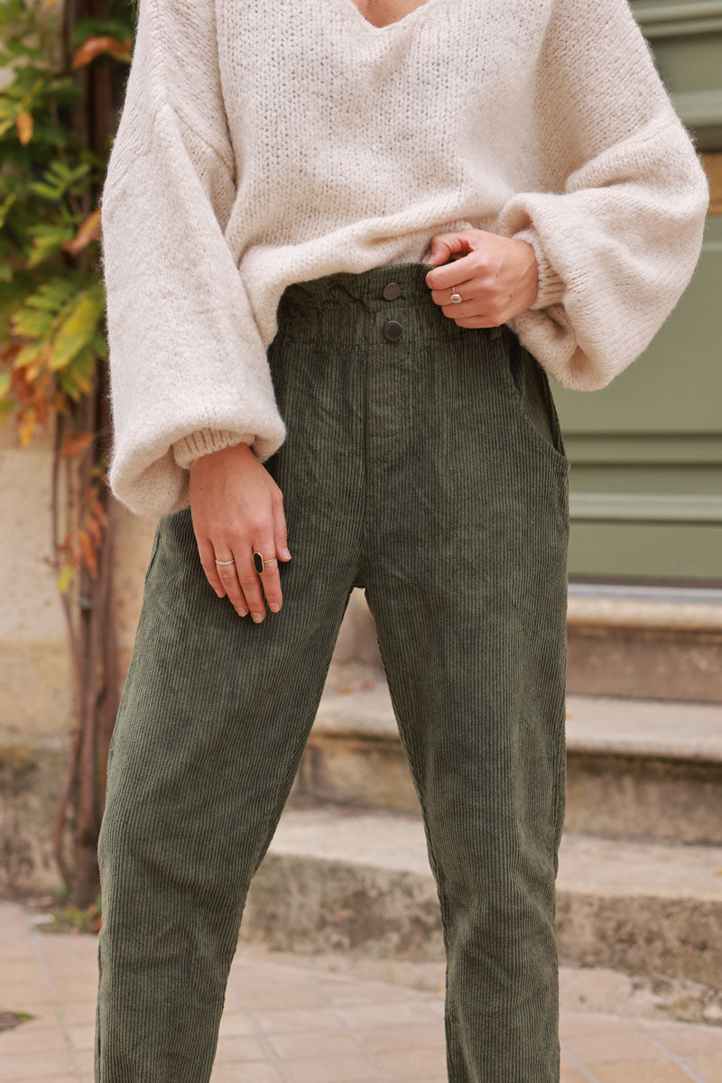 Khaki Corduroy Paperbag Waist Pants