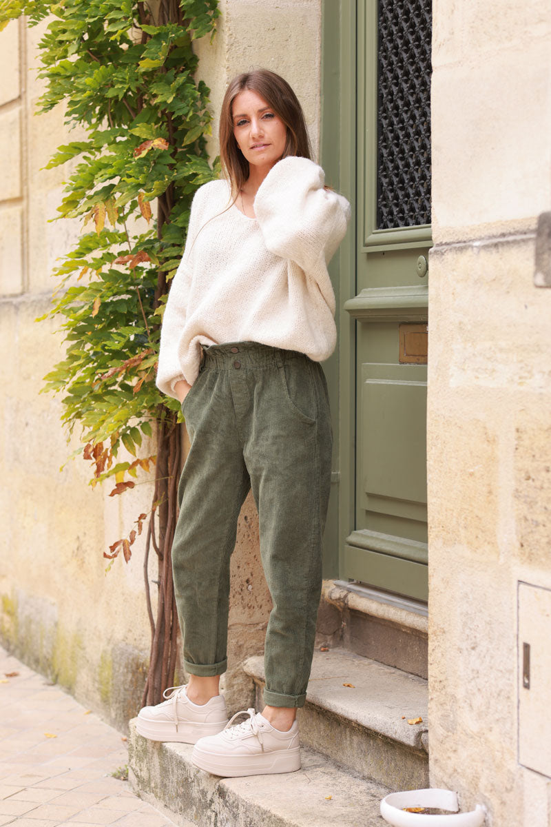 Khaki Corduroy Paperbag Waist Pants