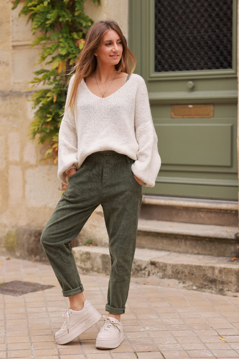 Khaki Corduroy Paperbag Waist Pants