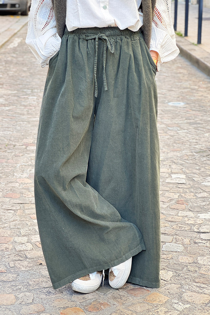 Olive Cotton Wide-Leg Pants