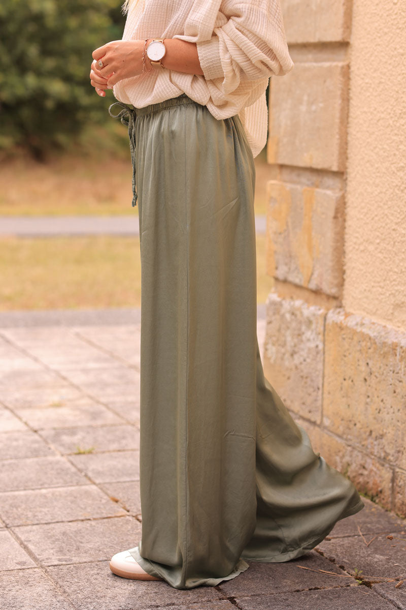 Khaki silky wide-leg floaty pants