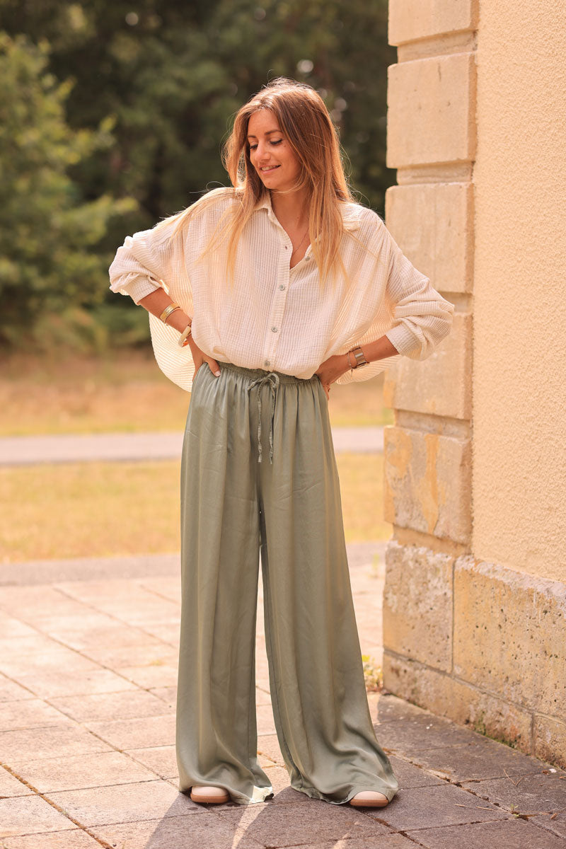 Khaki silky wide-leg floaty pants