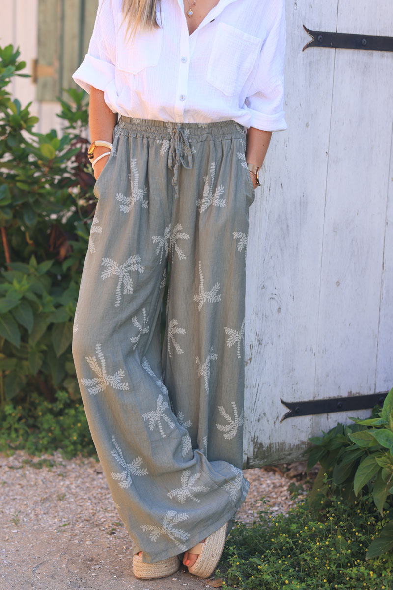 Khaki floaty wide leg pants with beige palm tree print