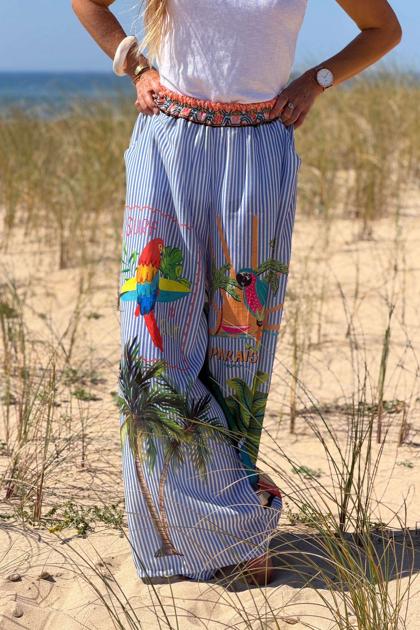 Blue Tropical Stripe Pull-On Pants 