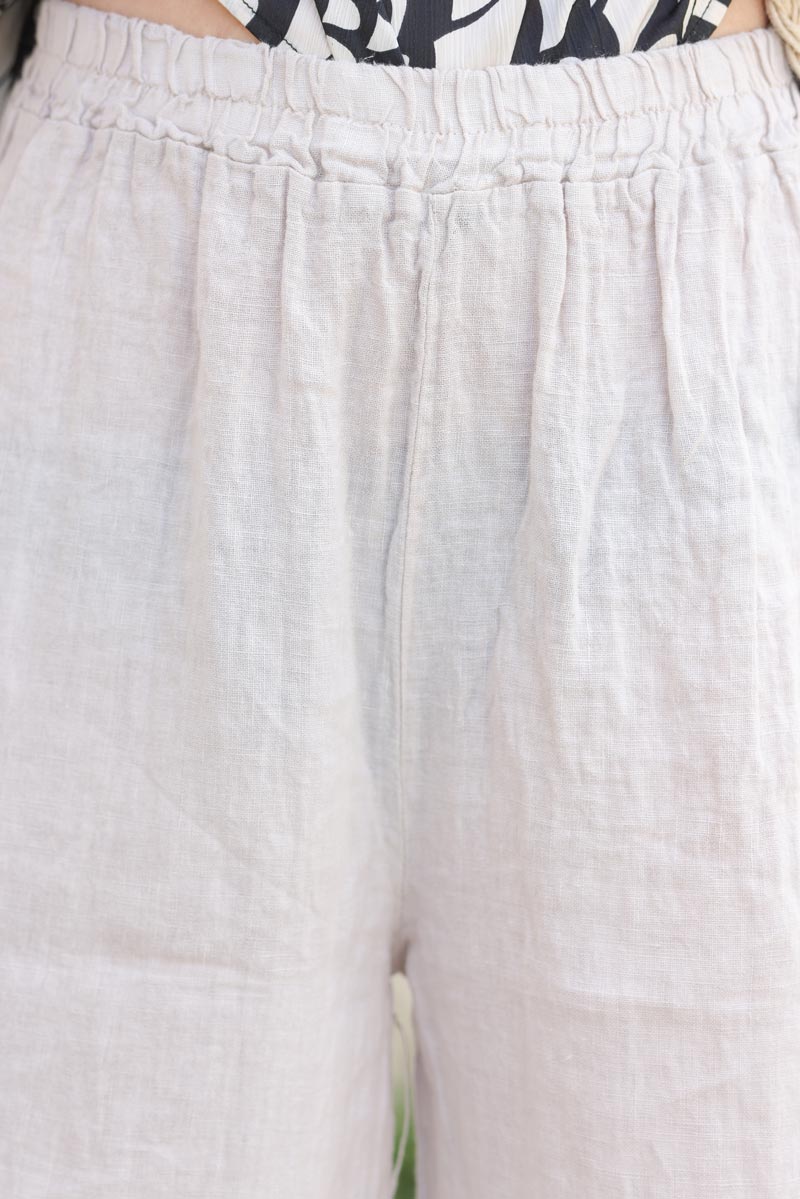 Pantalon large beige en lin ceinture elastique H092 (1)