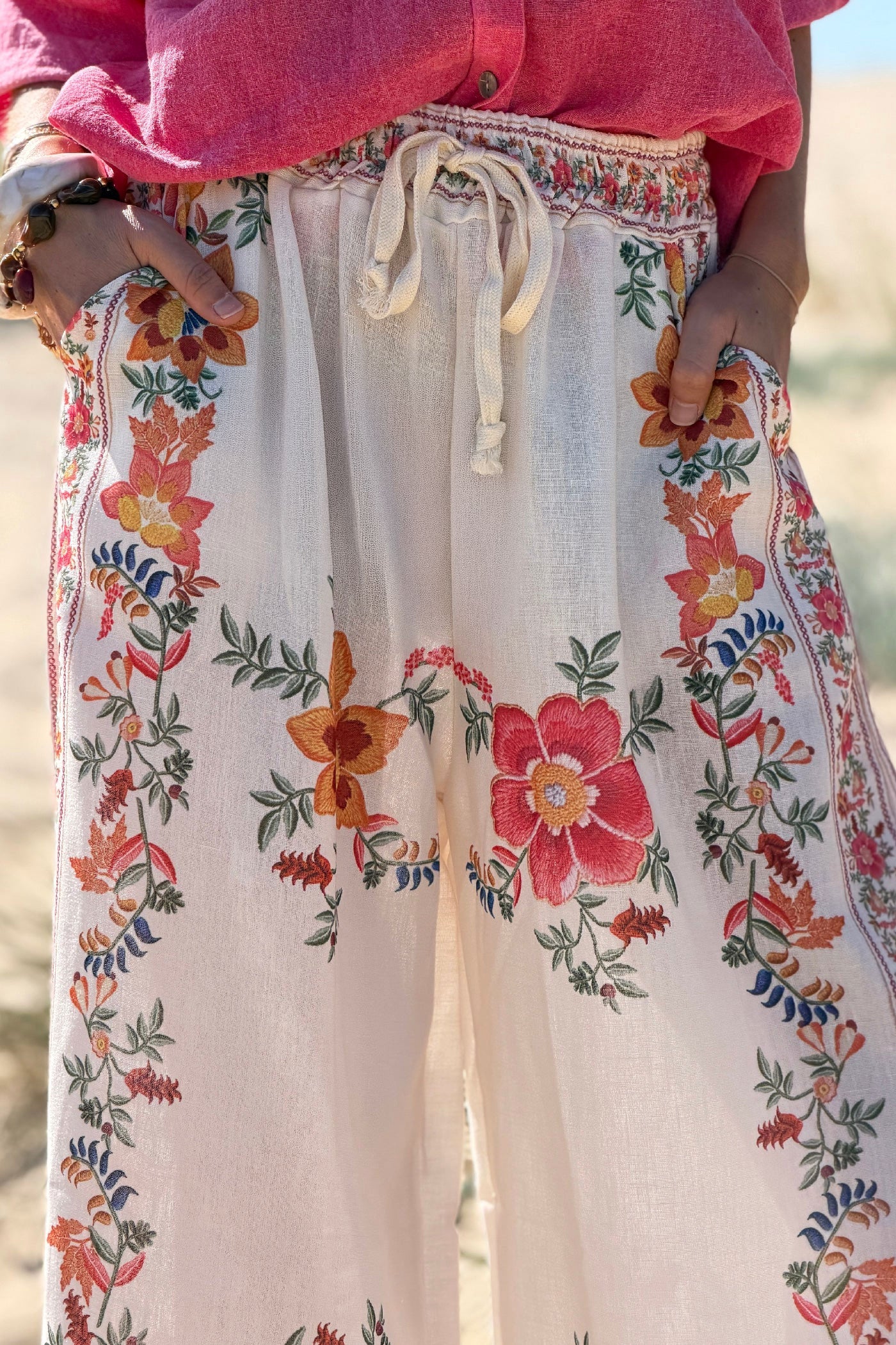 Cream Floral Border Print Pull-On Pants