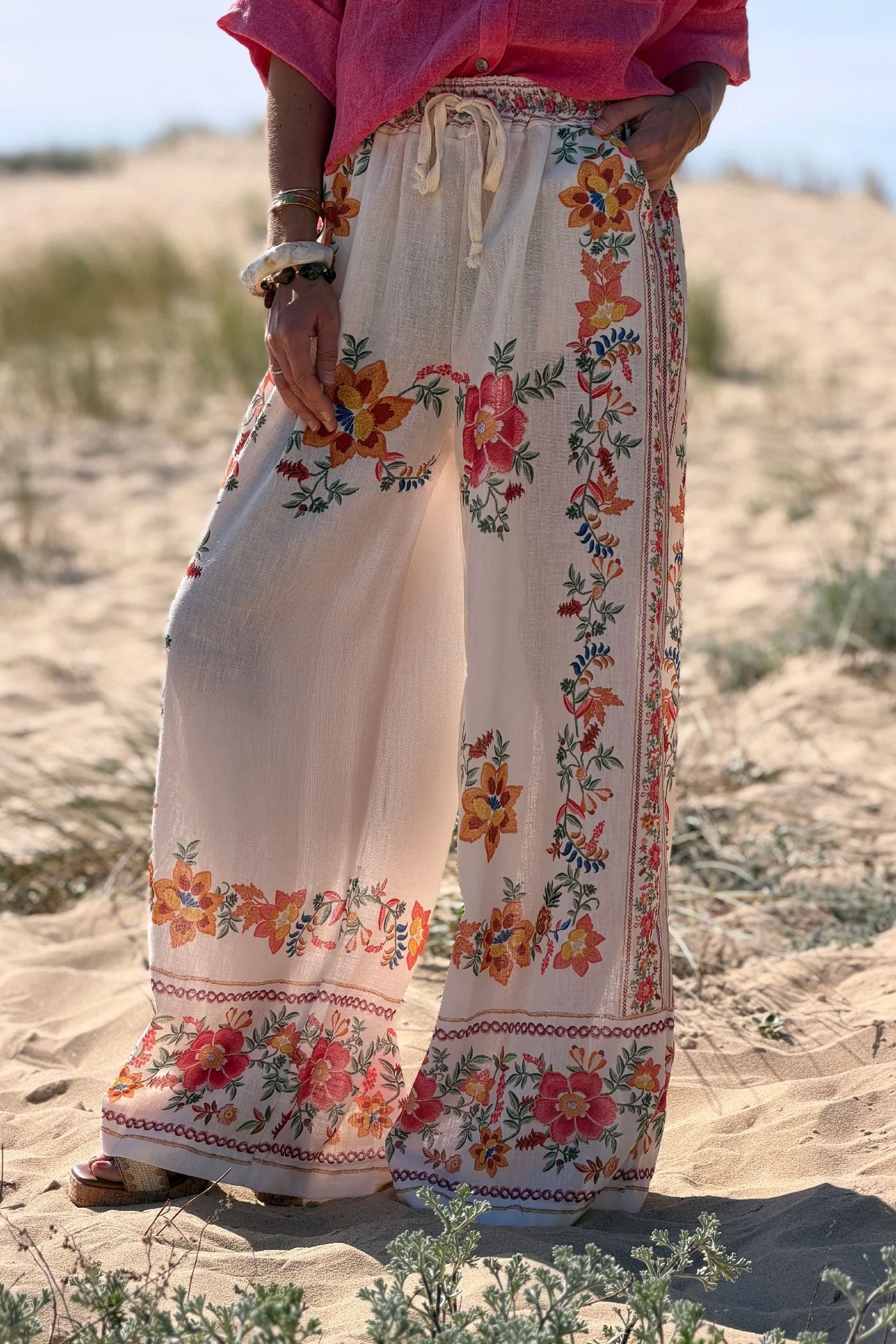 Cream Floral Border Print Pull-On Pants