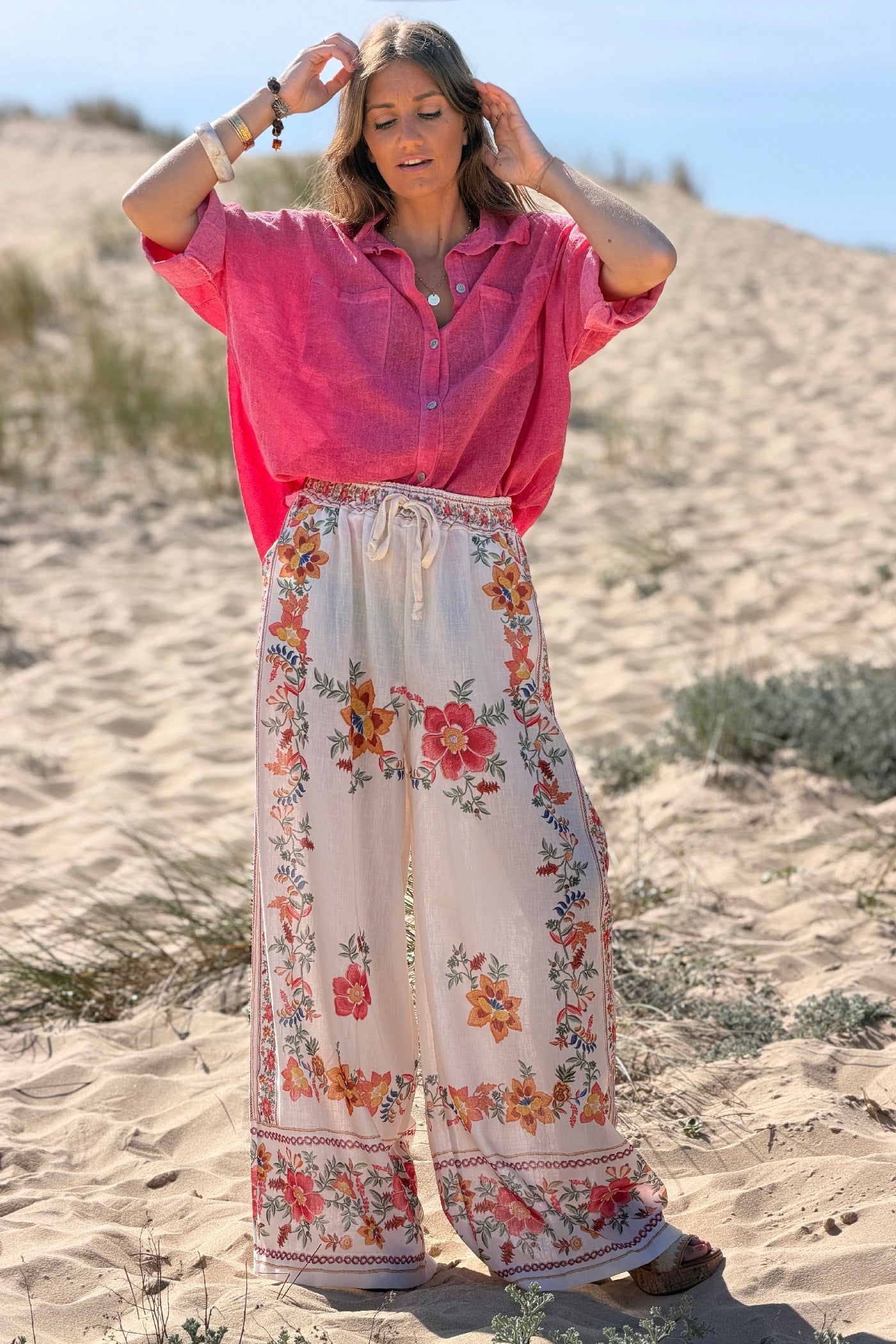 Cream Floral Border Print Pull-On Pants