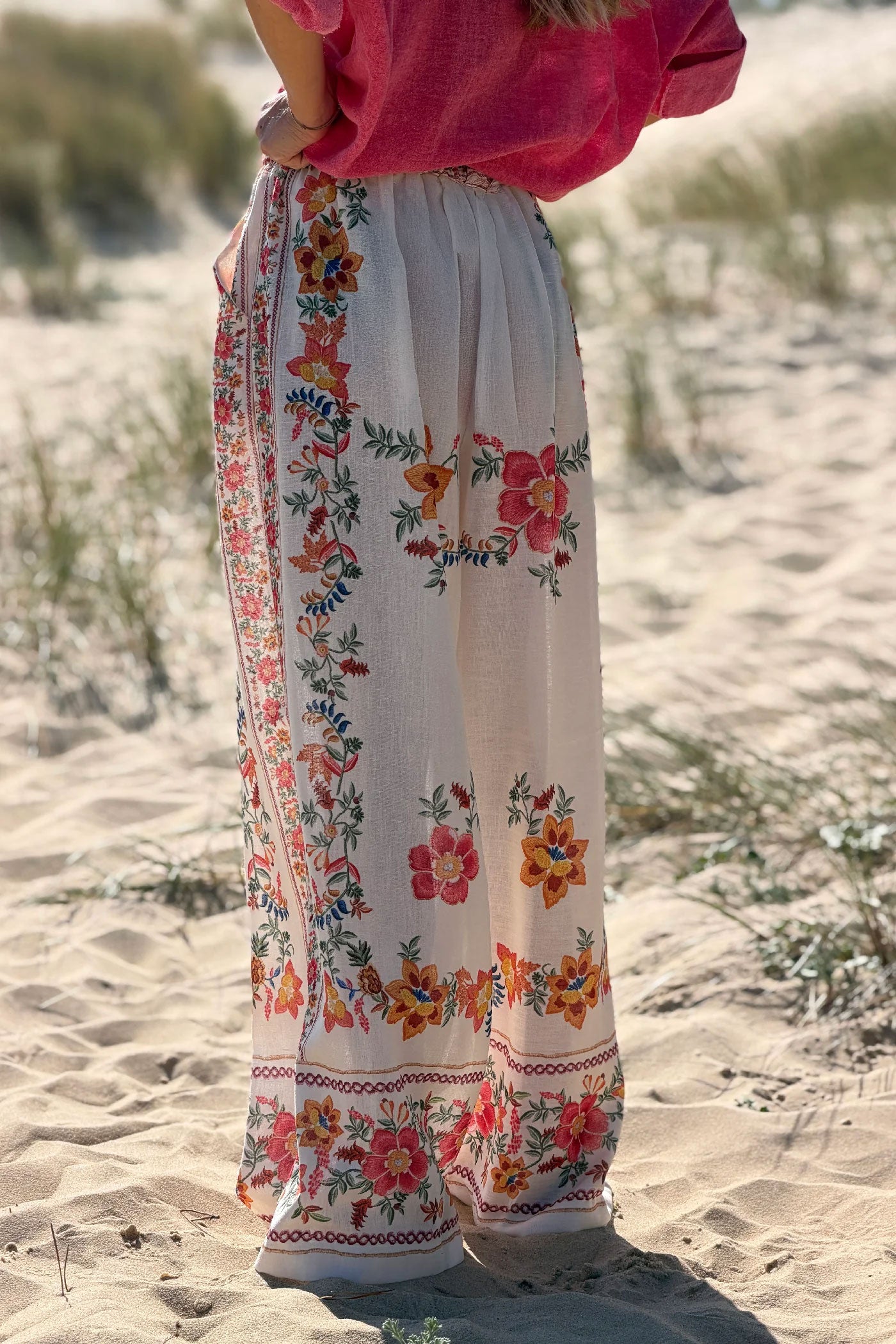 Cream Floral Border Print Pull-On Pants