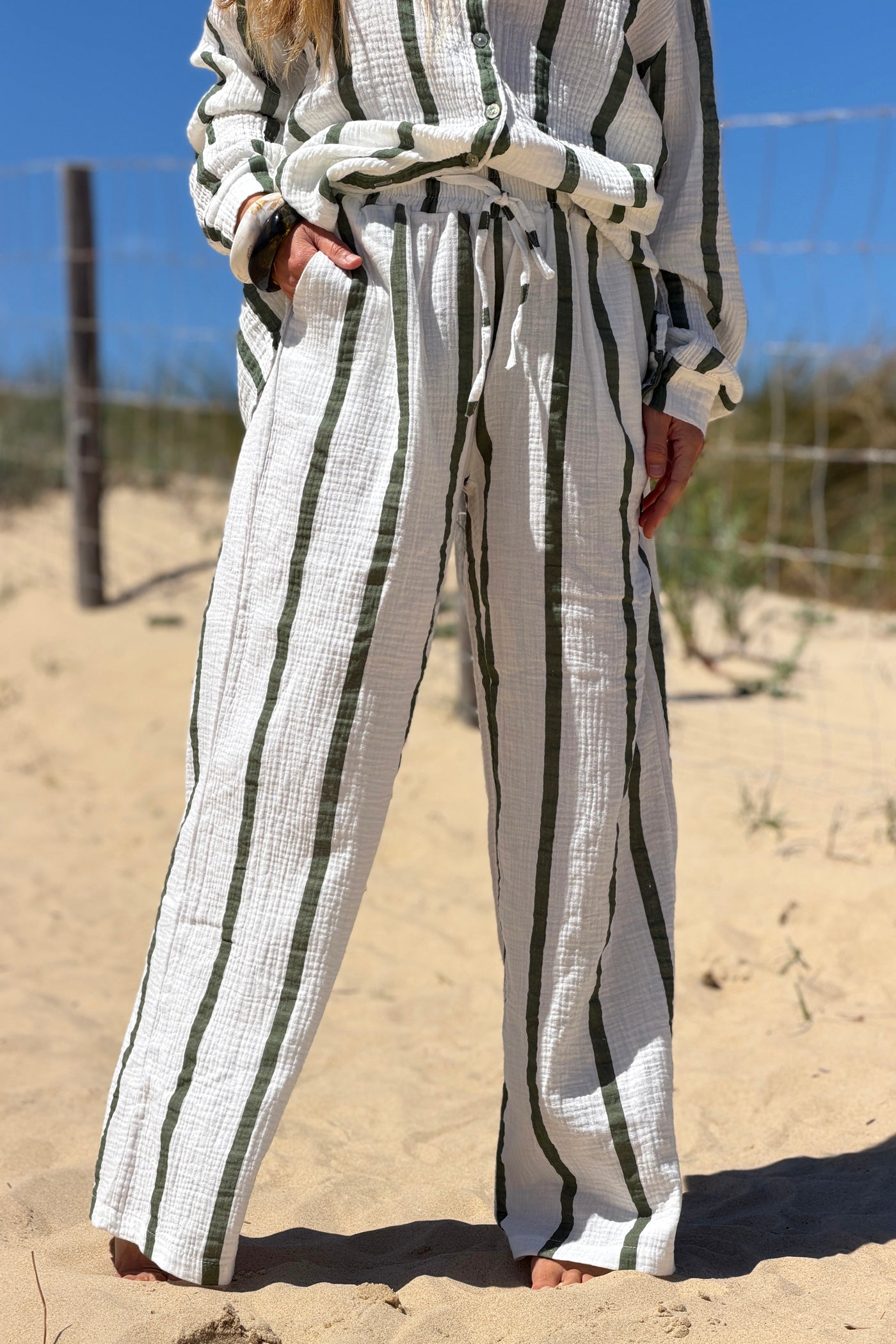 Forest Green Stripe Gauze Pull-On Pants