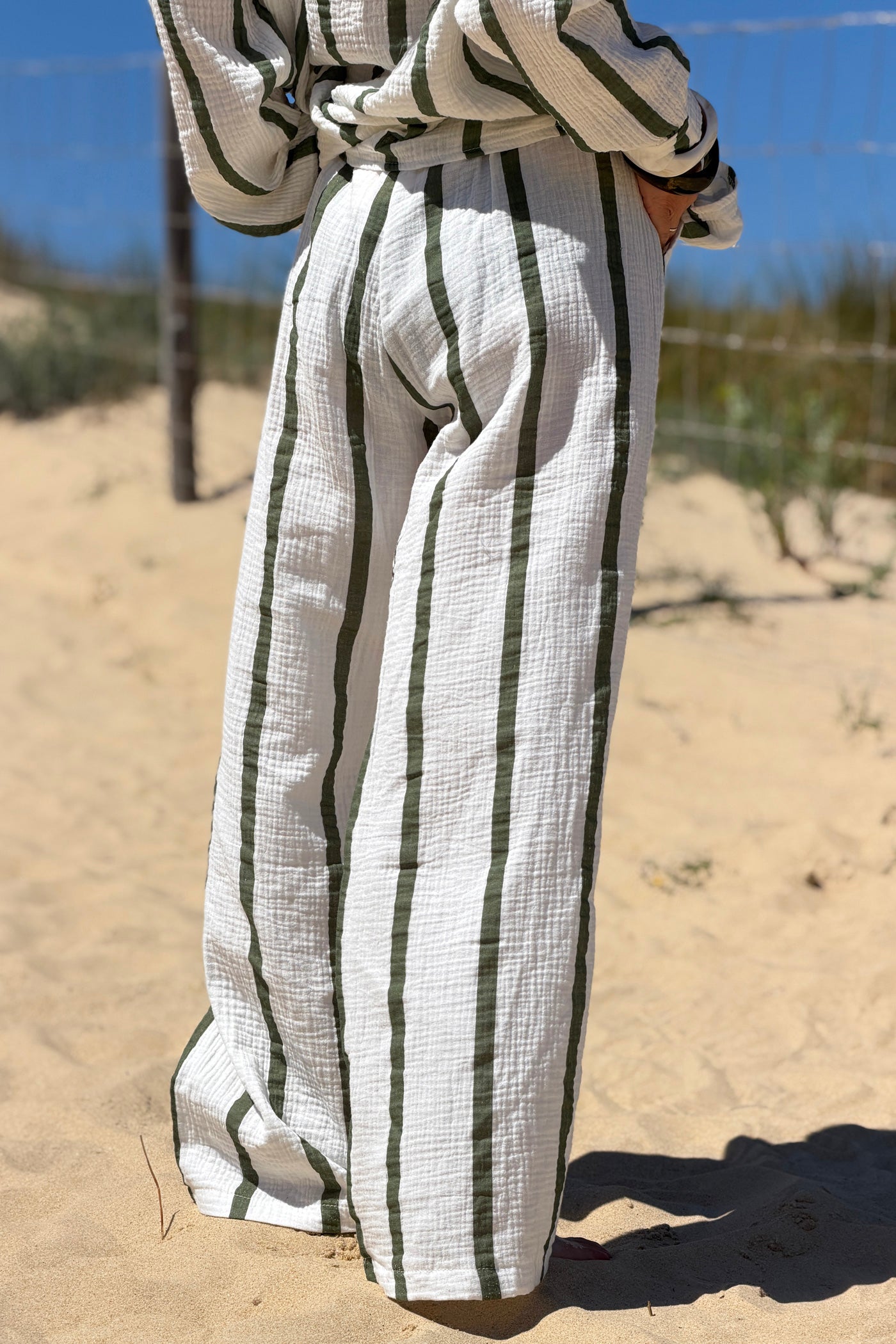 Forest Green Stripe Gauze Pull-On Pants
