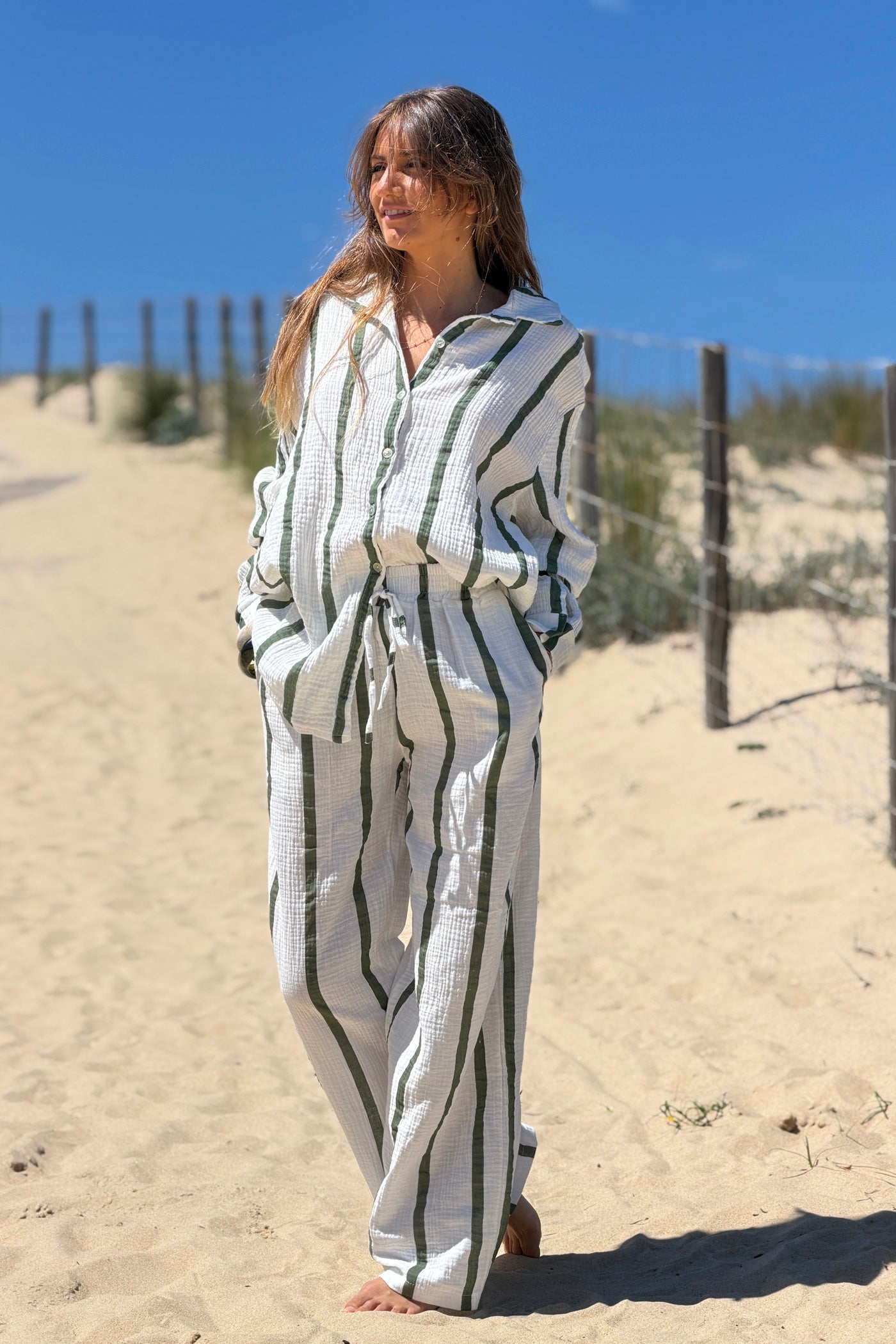 Forest Green Stripe Gauze Pull-On Pants