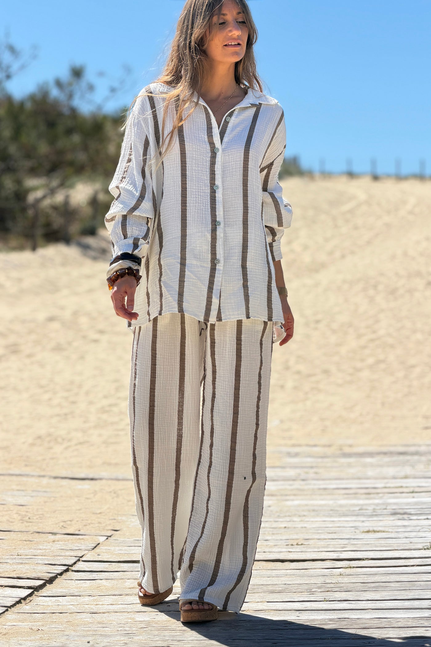 Cafe Brown Stripe Gauze Pull-On Pants