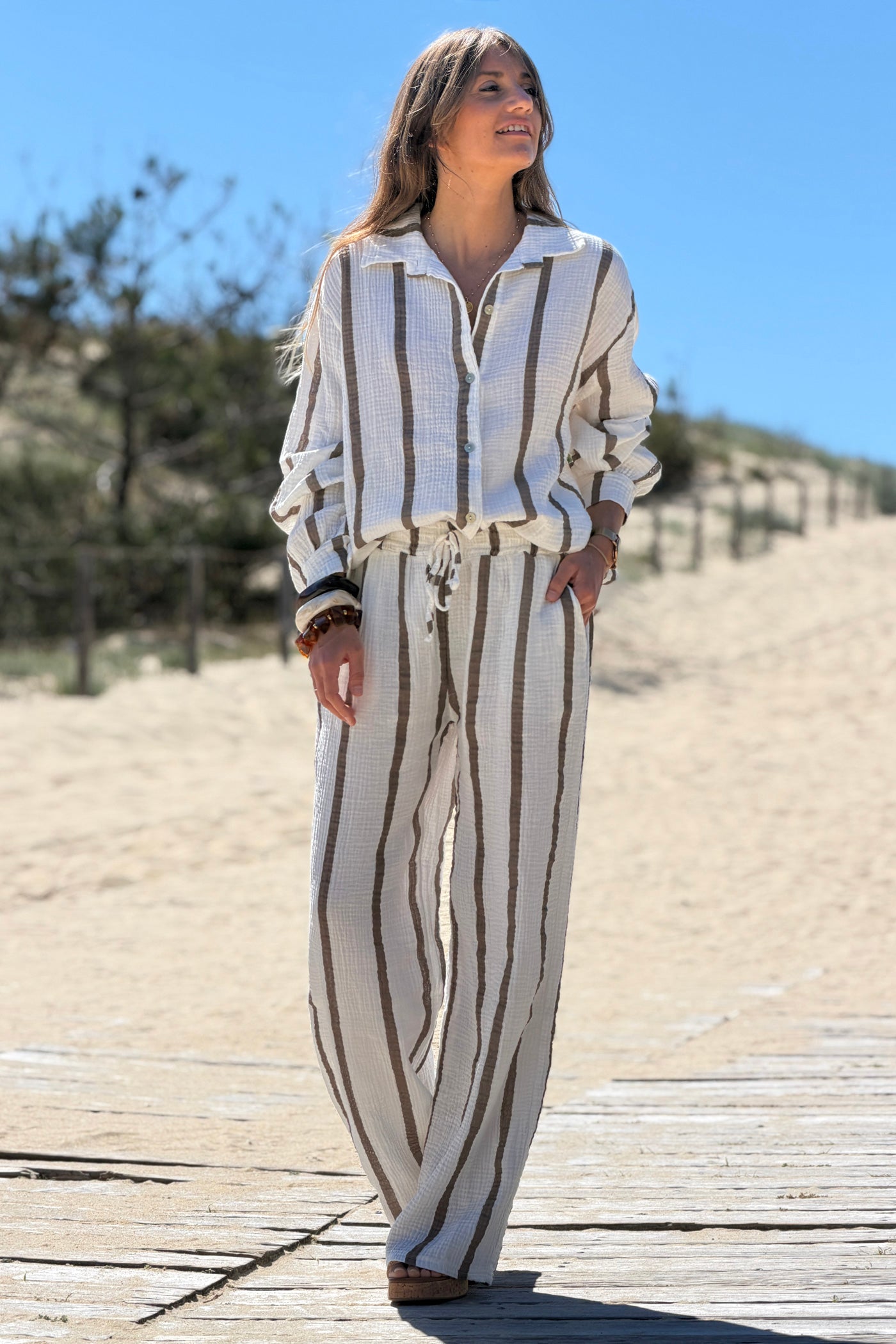 Cafe Brown Stripe Gauze Pull-On Pants