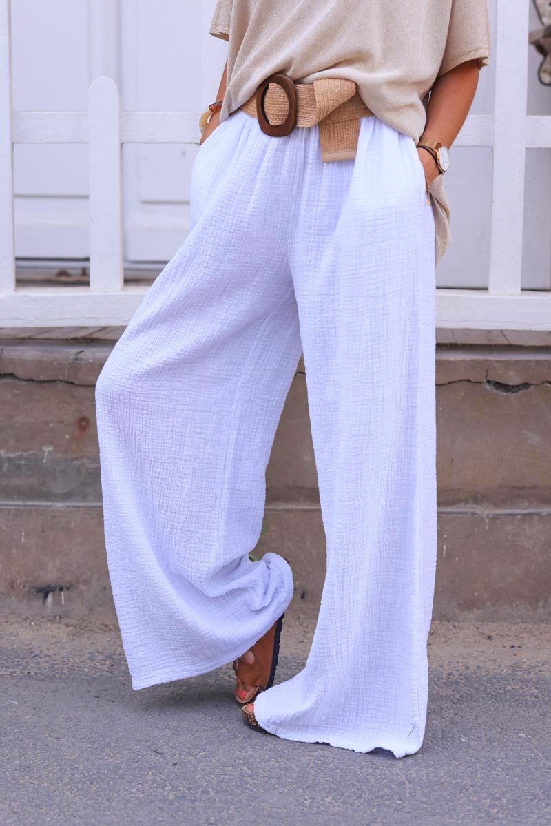 Pantalon large blanc en gaze de coton texturé ceinture élastique