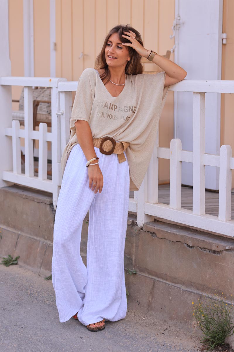 White wide leg textured crinkle cotton gauze pants 