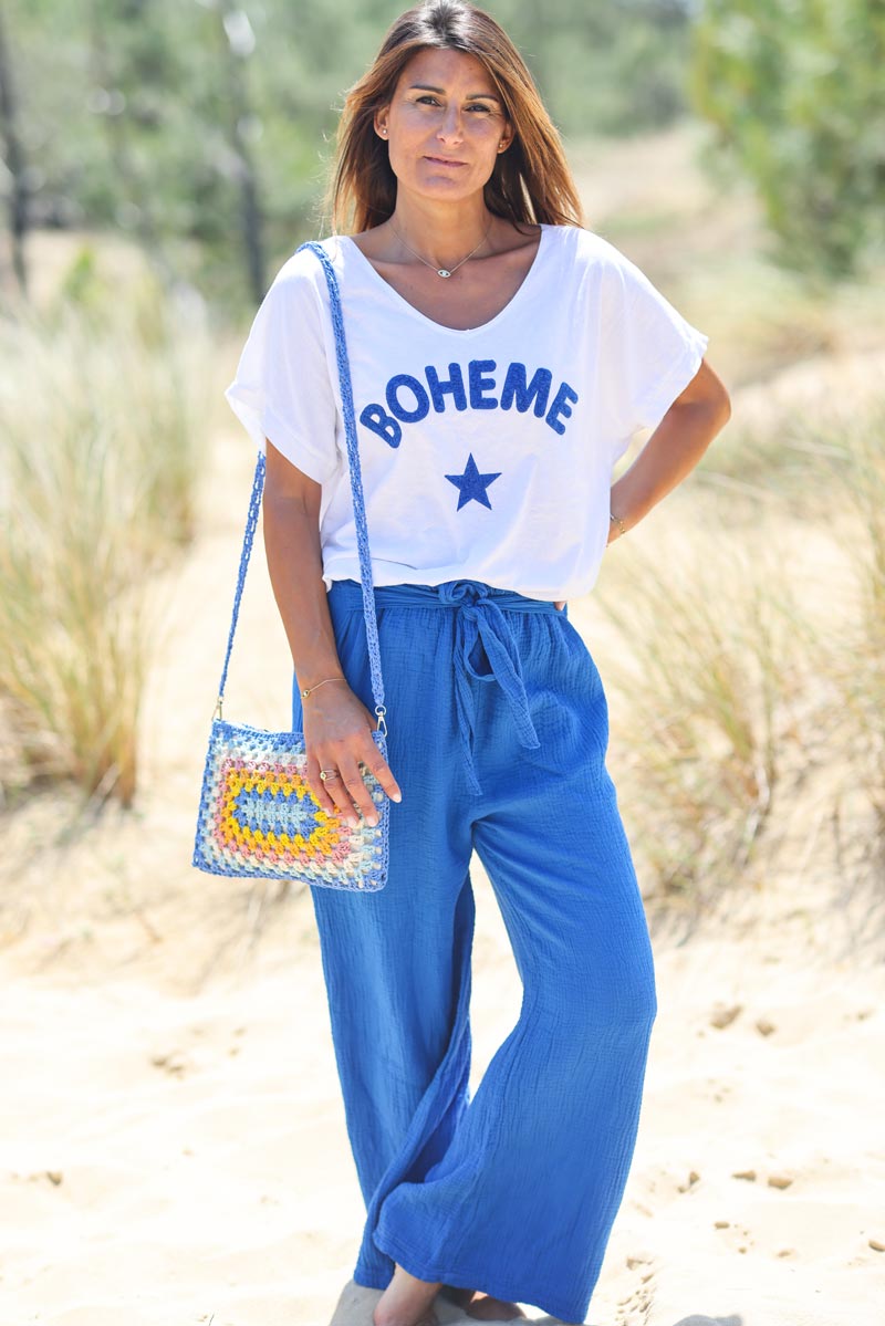 Pantalon large bleu roi en gaze de coton g132 (1)