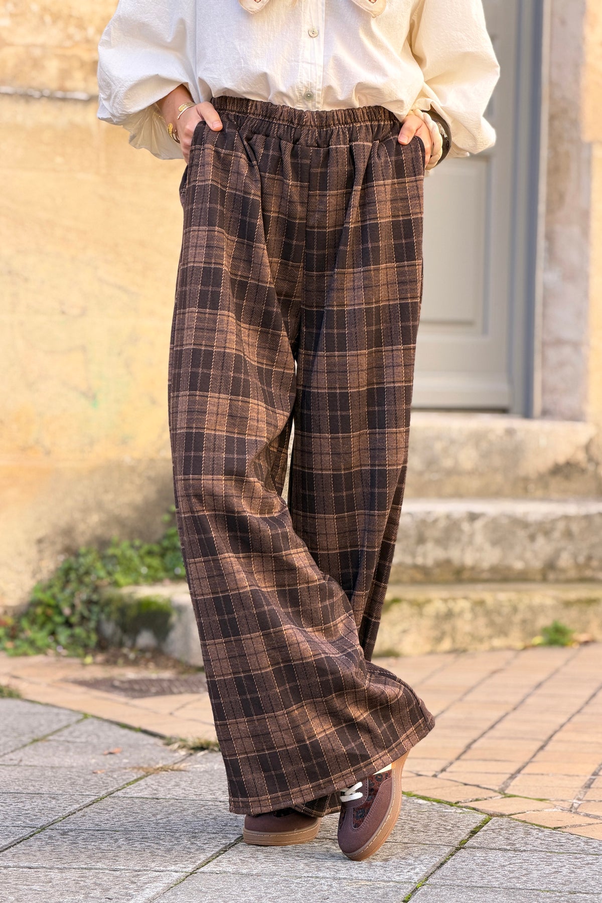 Pantalon large doux en flanelle à carreaux Ecossais marron taille élastique