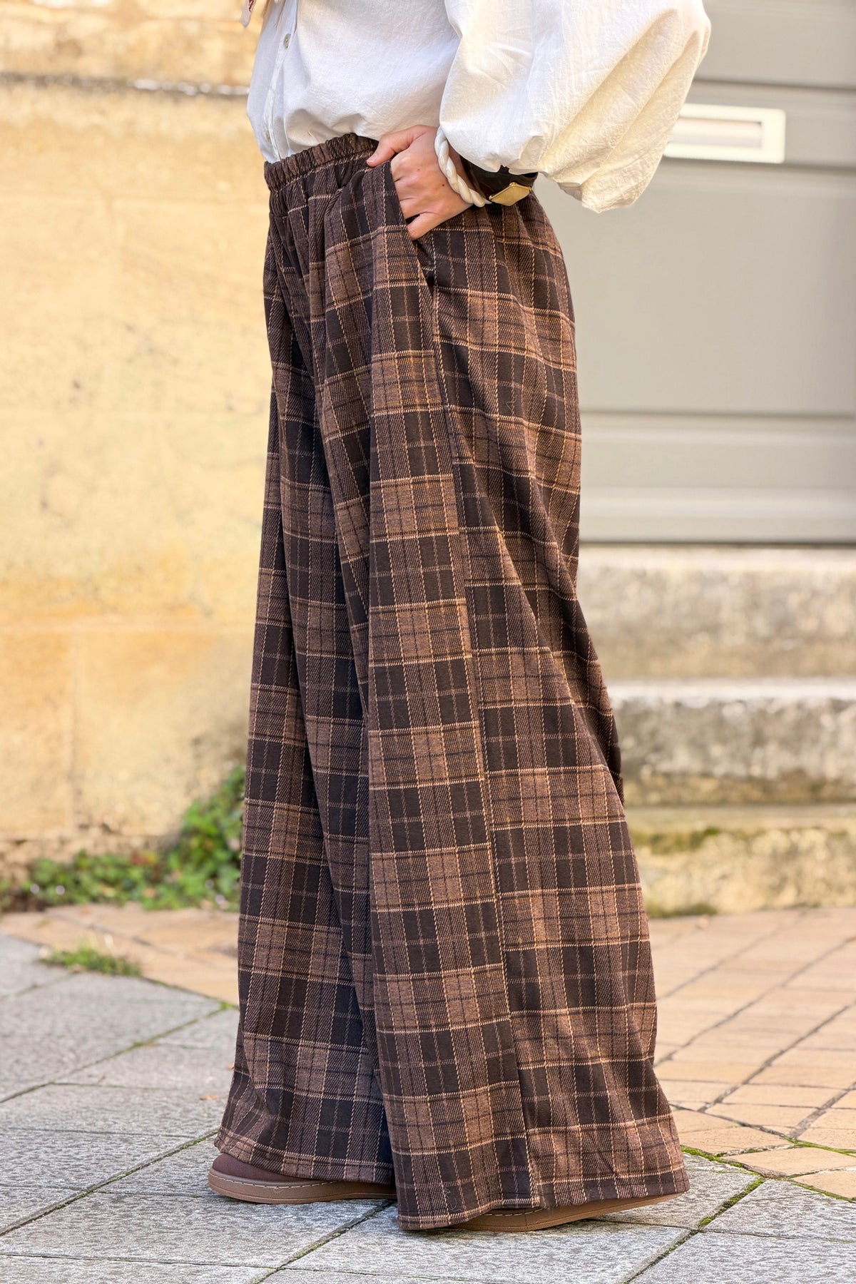 Pantalon large doux en flanelle à carreaux Ecossais marron taille élastique