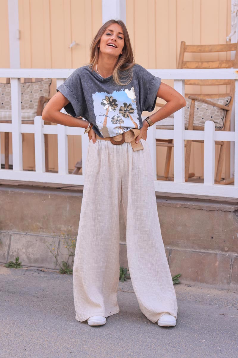 Ecru wide leg textured crinkle cotton gauze pants 