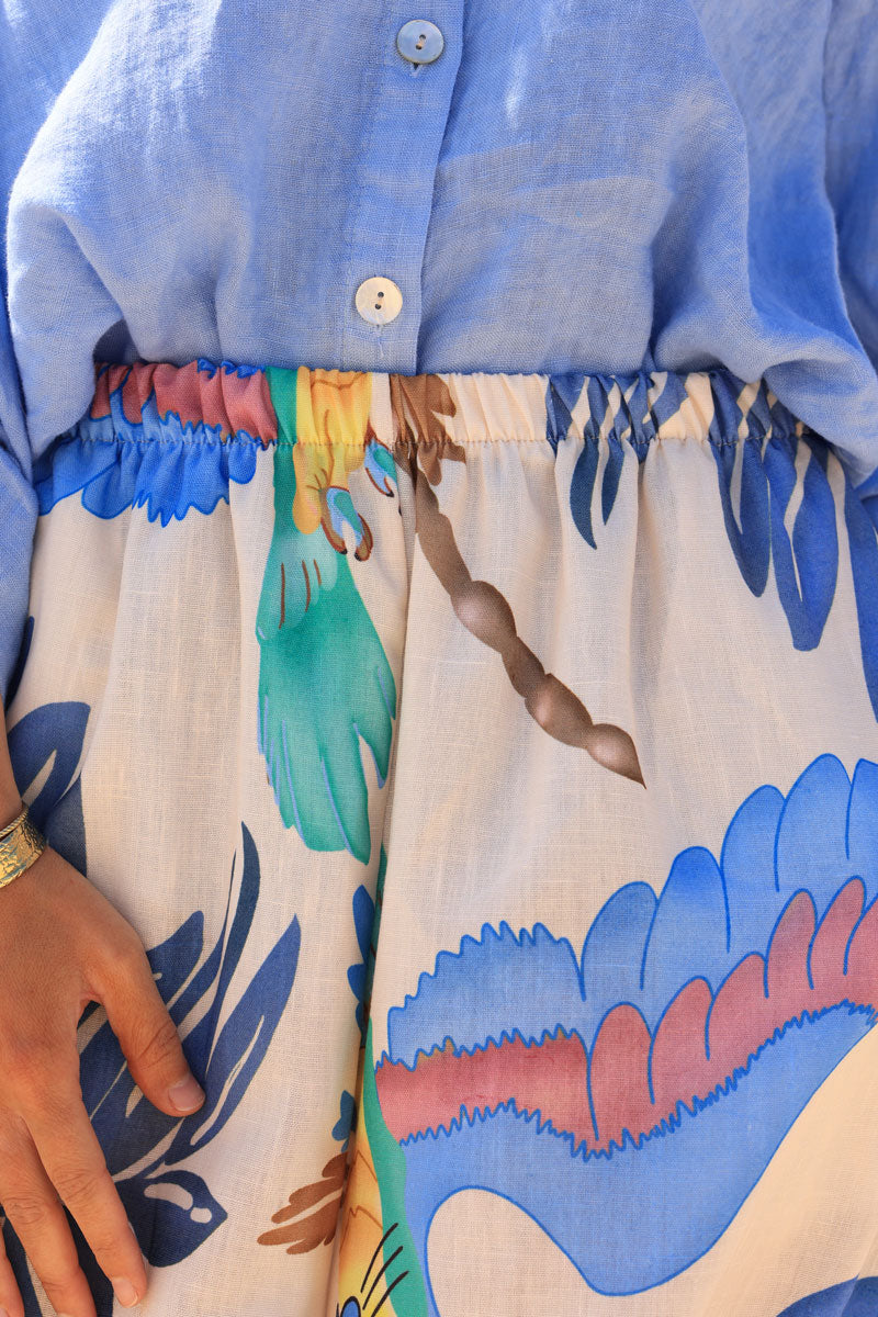 Pantalon large écru imprimé palmes bleues aquarelle et perroquet