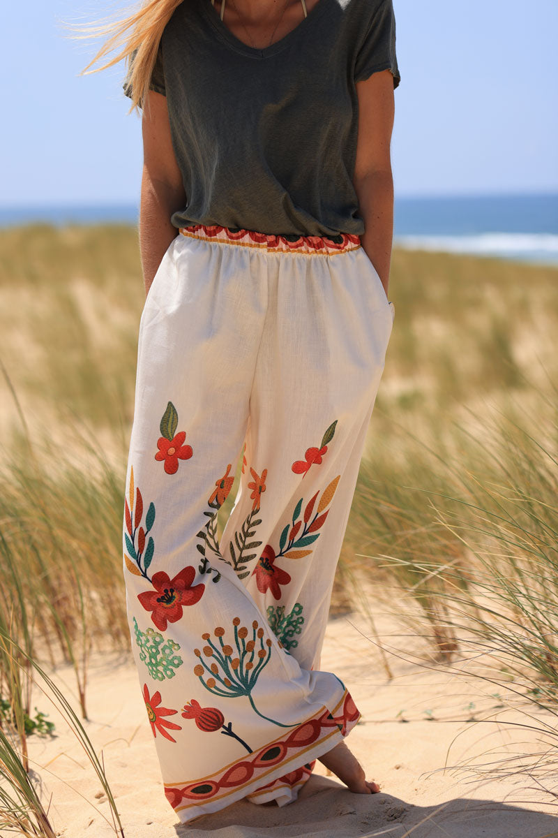 Pantalon large écru imprimé peinture fleurs colorées ceinture élastique