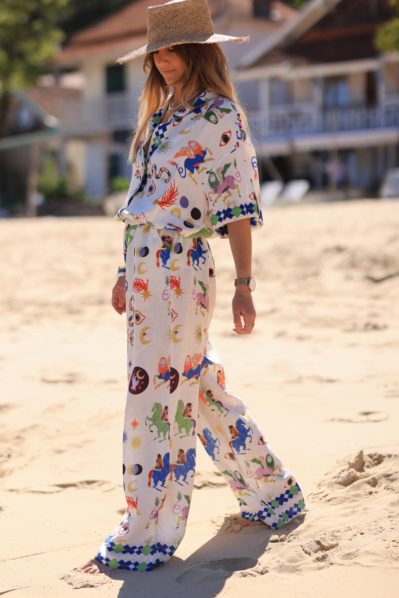 Linen viscose blend wide leg pants with colorful astrology print