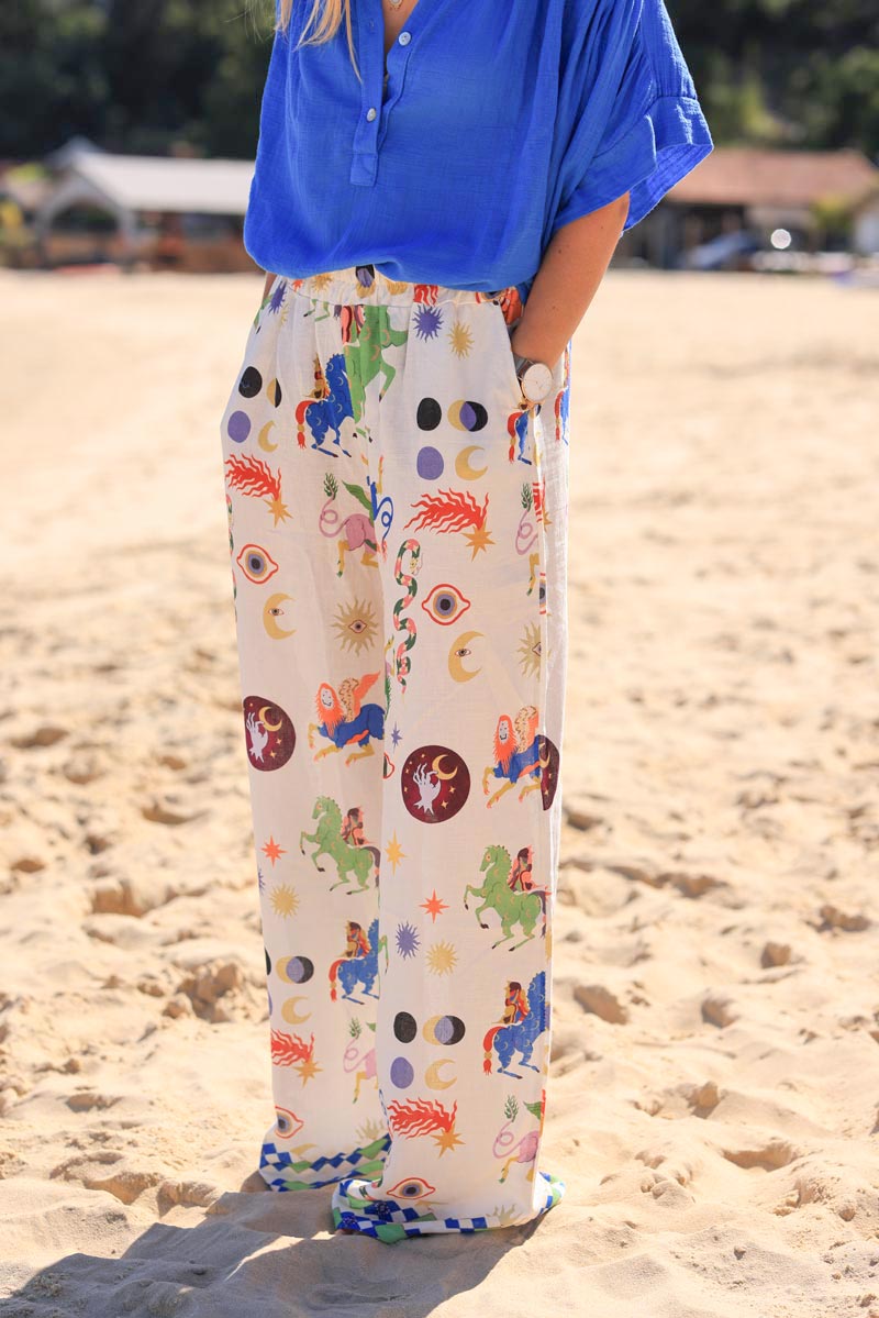 Linen viscose blend wide leg pants with colorful astrology print