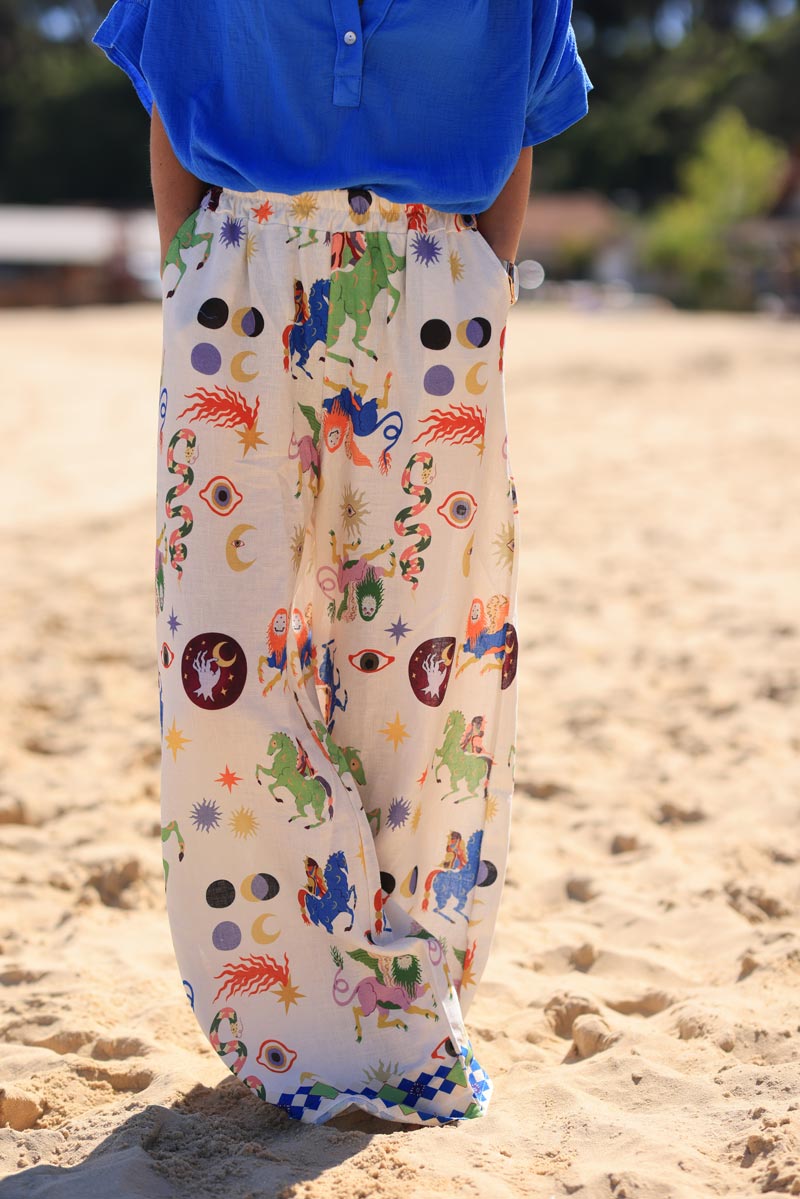 Linen viscose blend wide leg pants with colorful astrology print