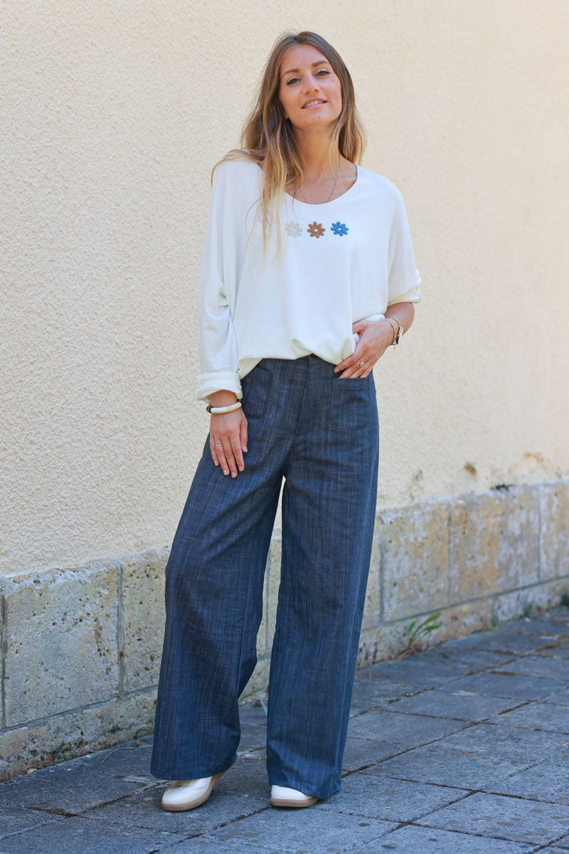 Blue denim wide leg pants with patch pockets