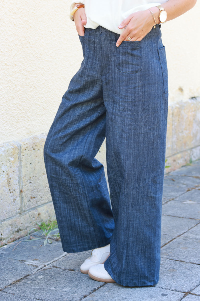 Blue denim wide leg pants with patch pockets