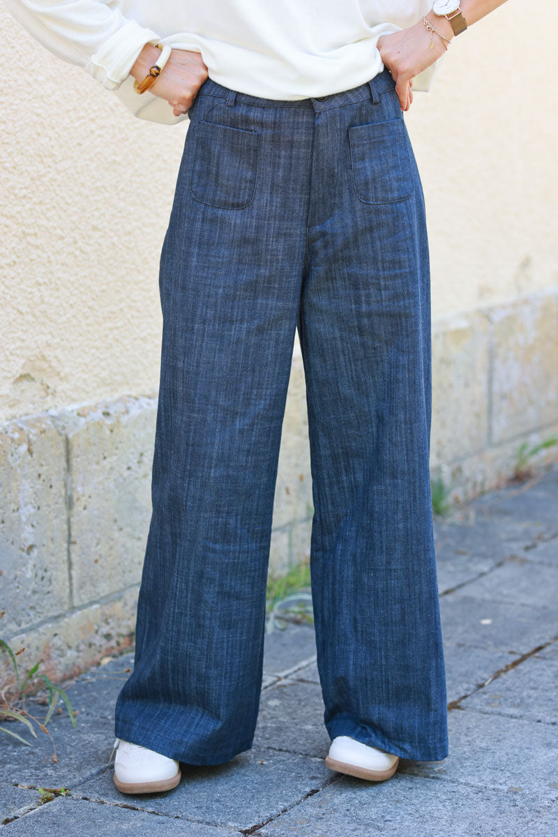 Blue denim wide leg pants with patch pockets