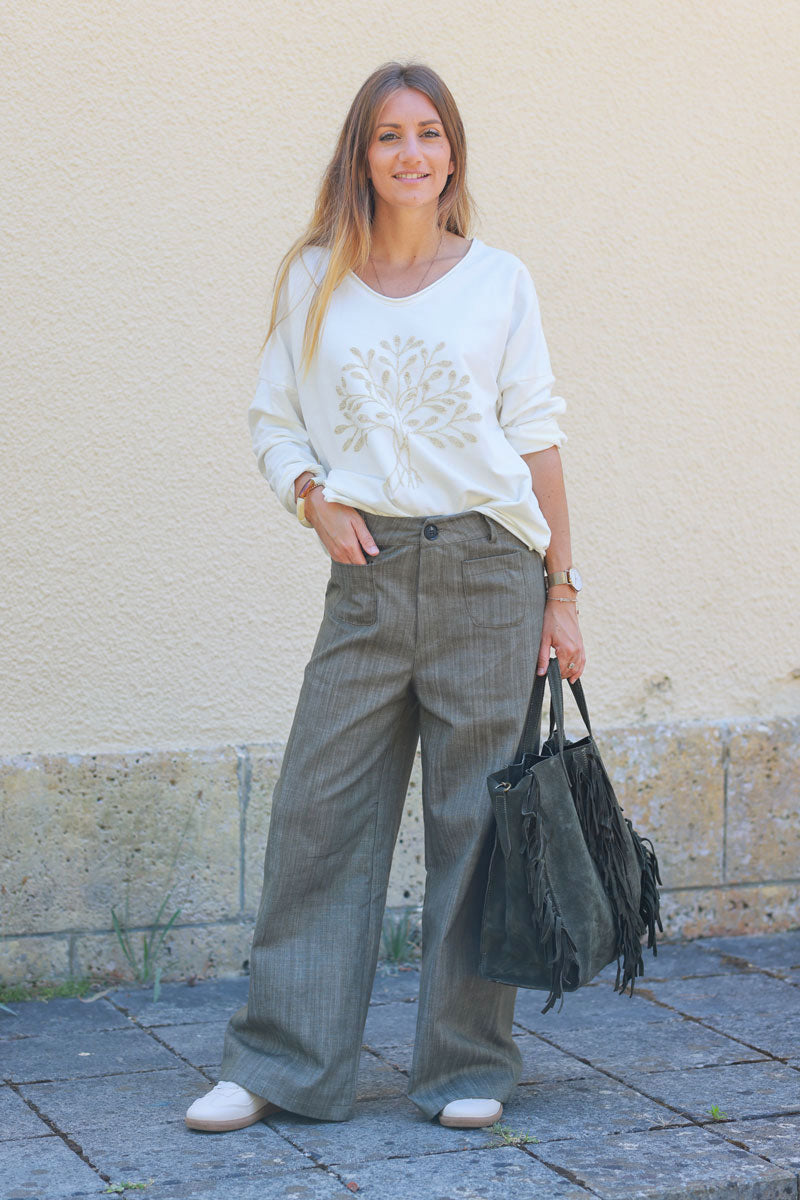 Khaki suede leather handbag with fringe detail