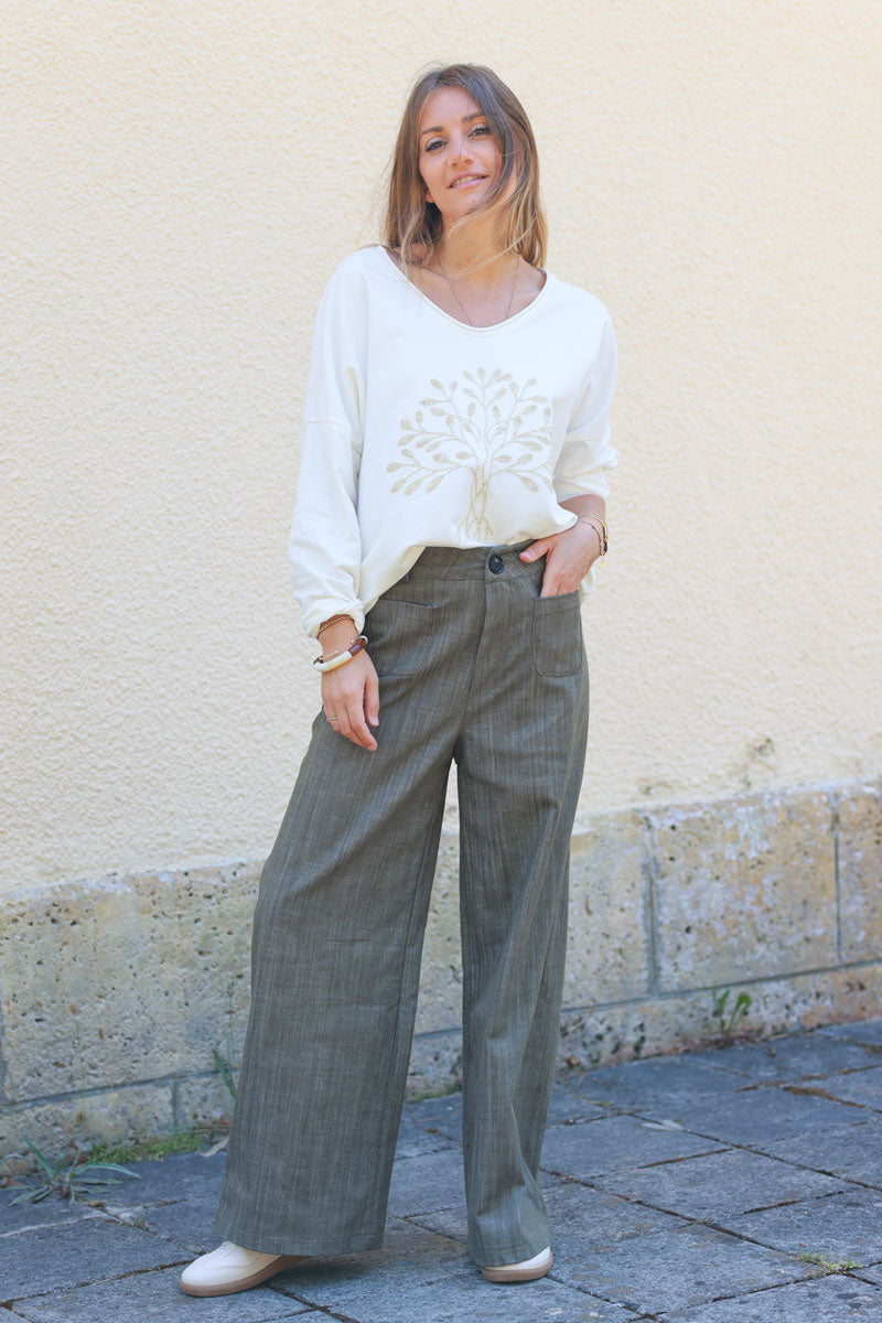 Khaki denim wide leg pants with patch pockets