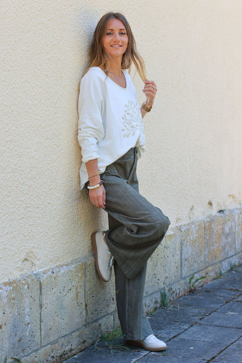 Khaki denim wide leg pants with patch pockets