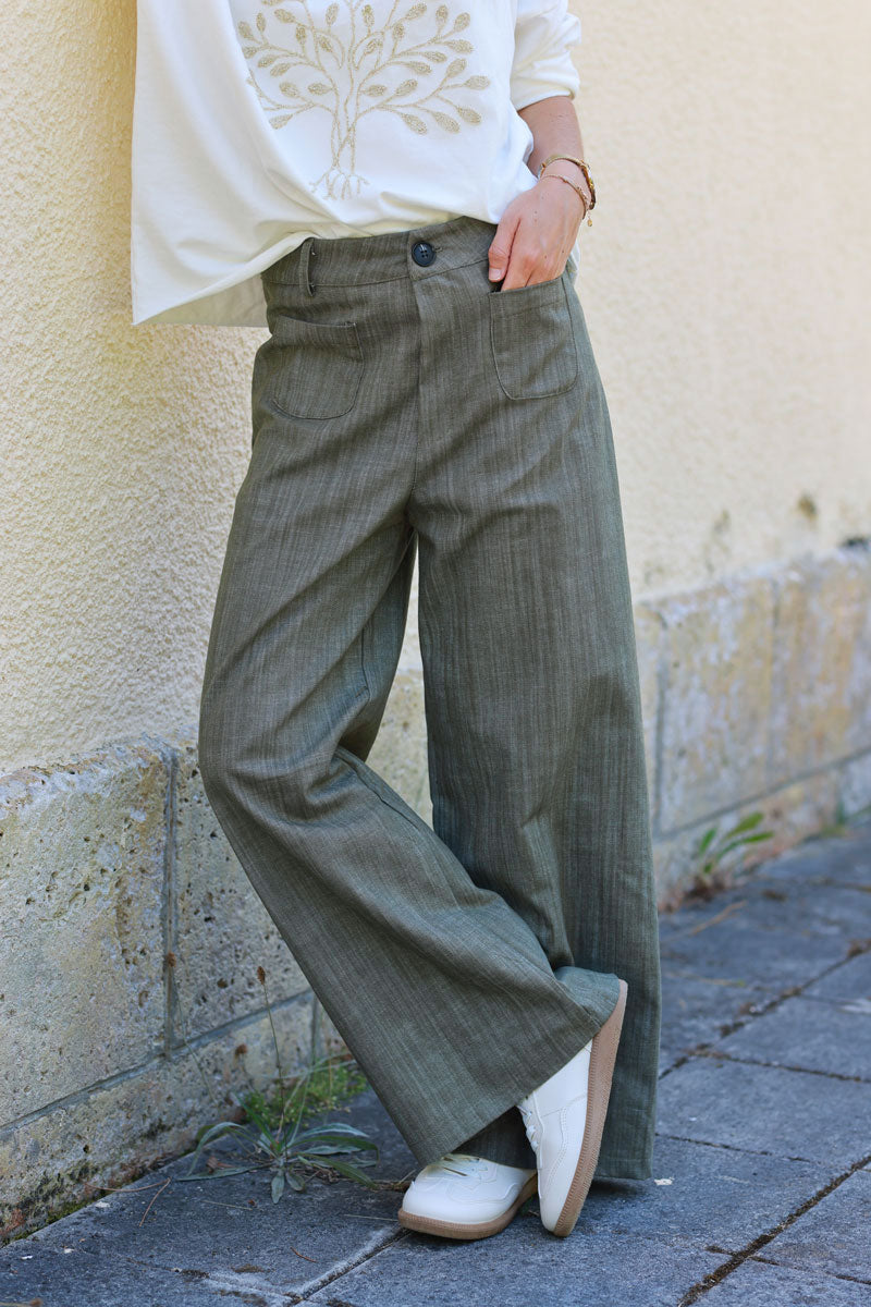 Khaki denim wide leg pants with patch pockets