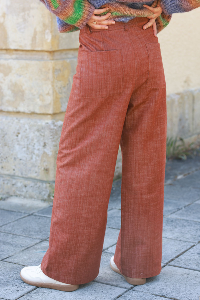 Terracotta denim wide leg pants with patch pockets