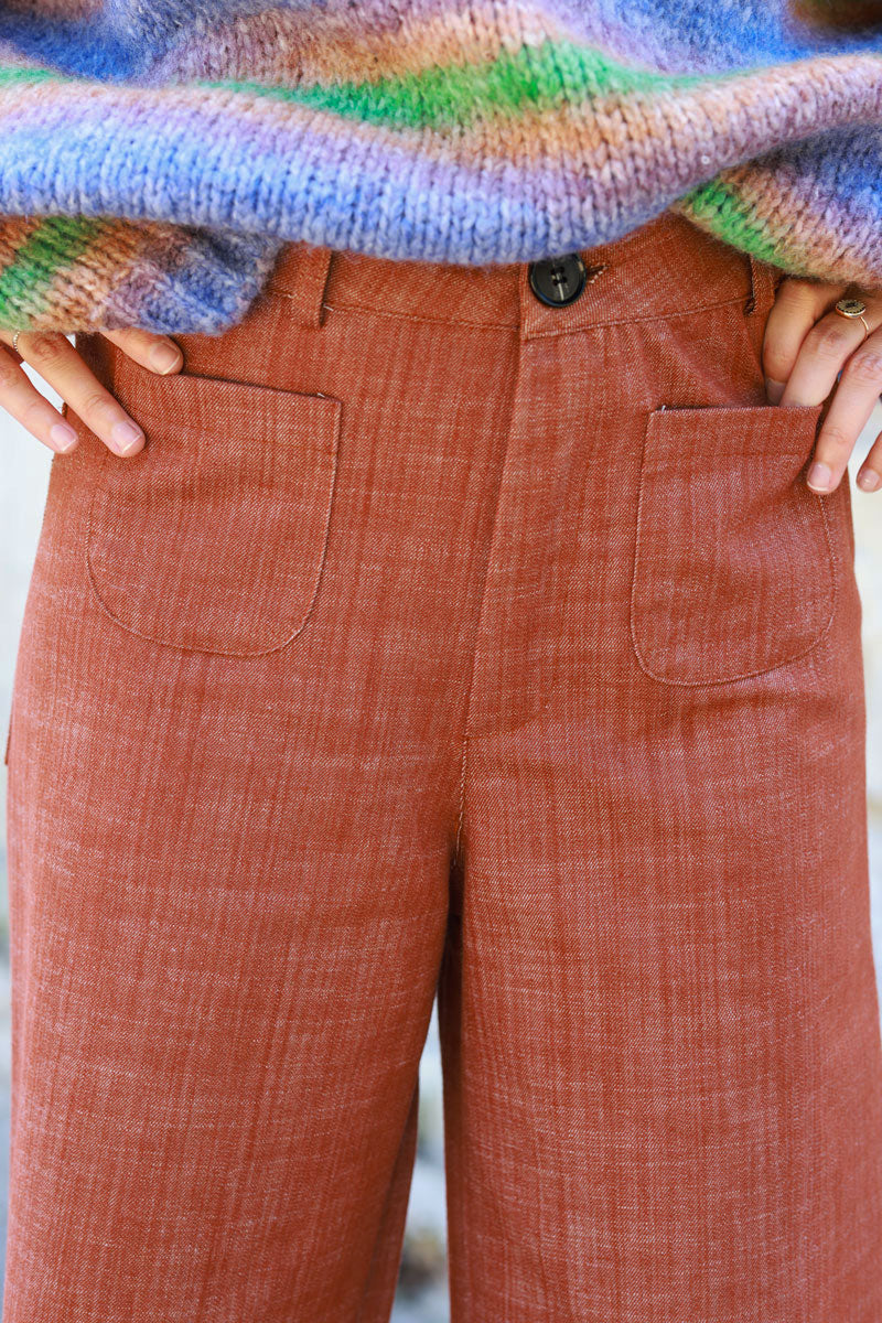 Terracotta denim wide leg pants with patch pockets