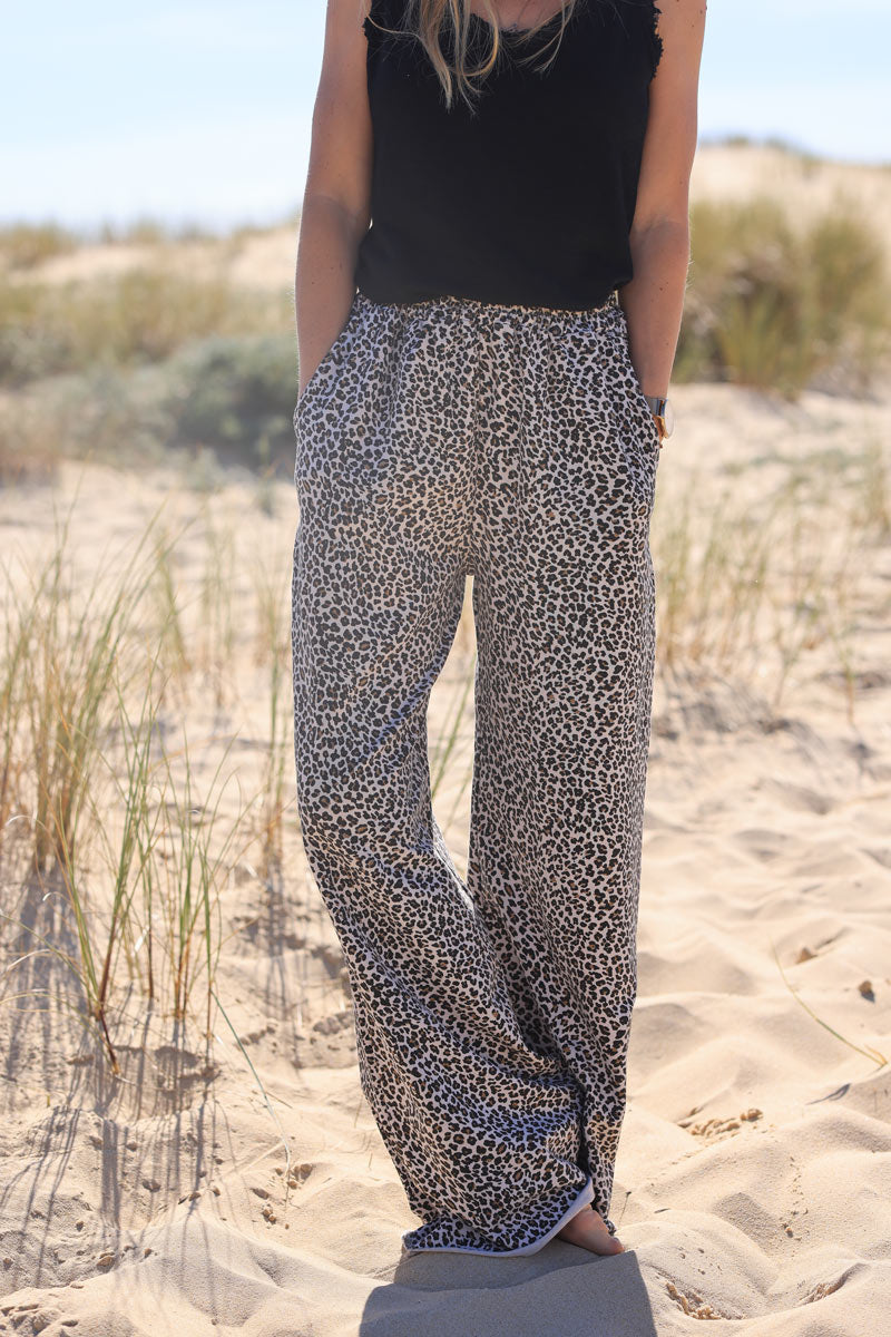 Leopard print lightweight cotton wide leg pants